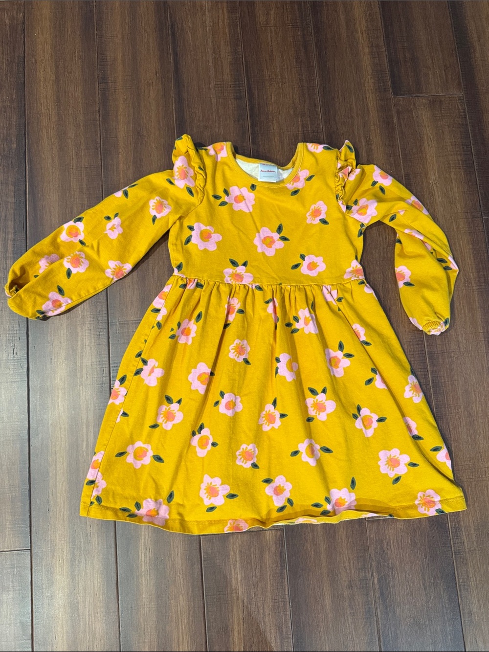 Hanna Andersson Mustard Yellow Floral Ruffle-Shoulder Dress